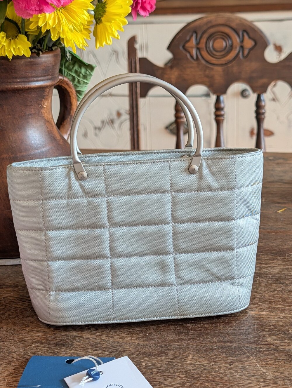 Chanel Light Silver Quilted Tote Bag with Top Handles~ Mini - Picture 10 of 12